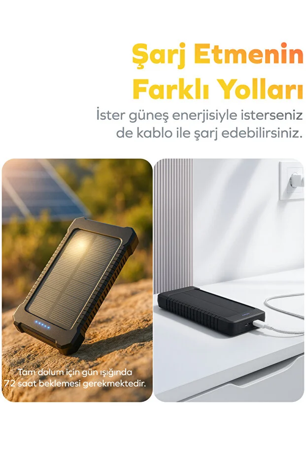 Güneş Enerjili Solar Powerbank 10000mah Led Işıklı Taşınabilir Batarya Şarj Cihazı Siyah